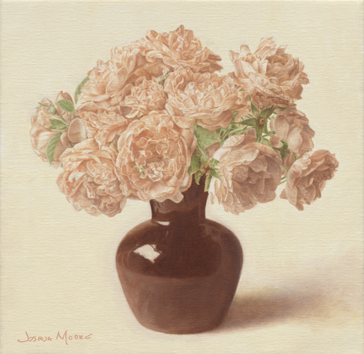 A painting of pink roses in a black vase.